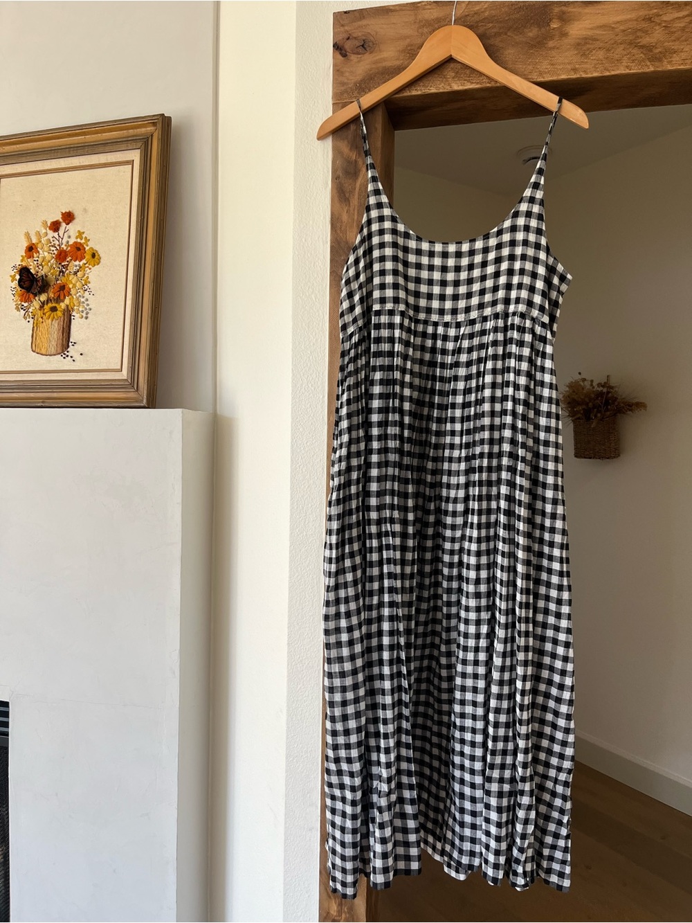 Black and White Injiri Gingham Maxi Dress with Spaghetti Straps organic fabric